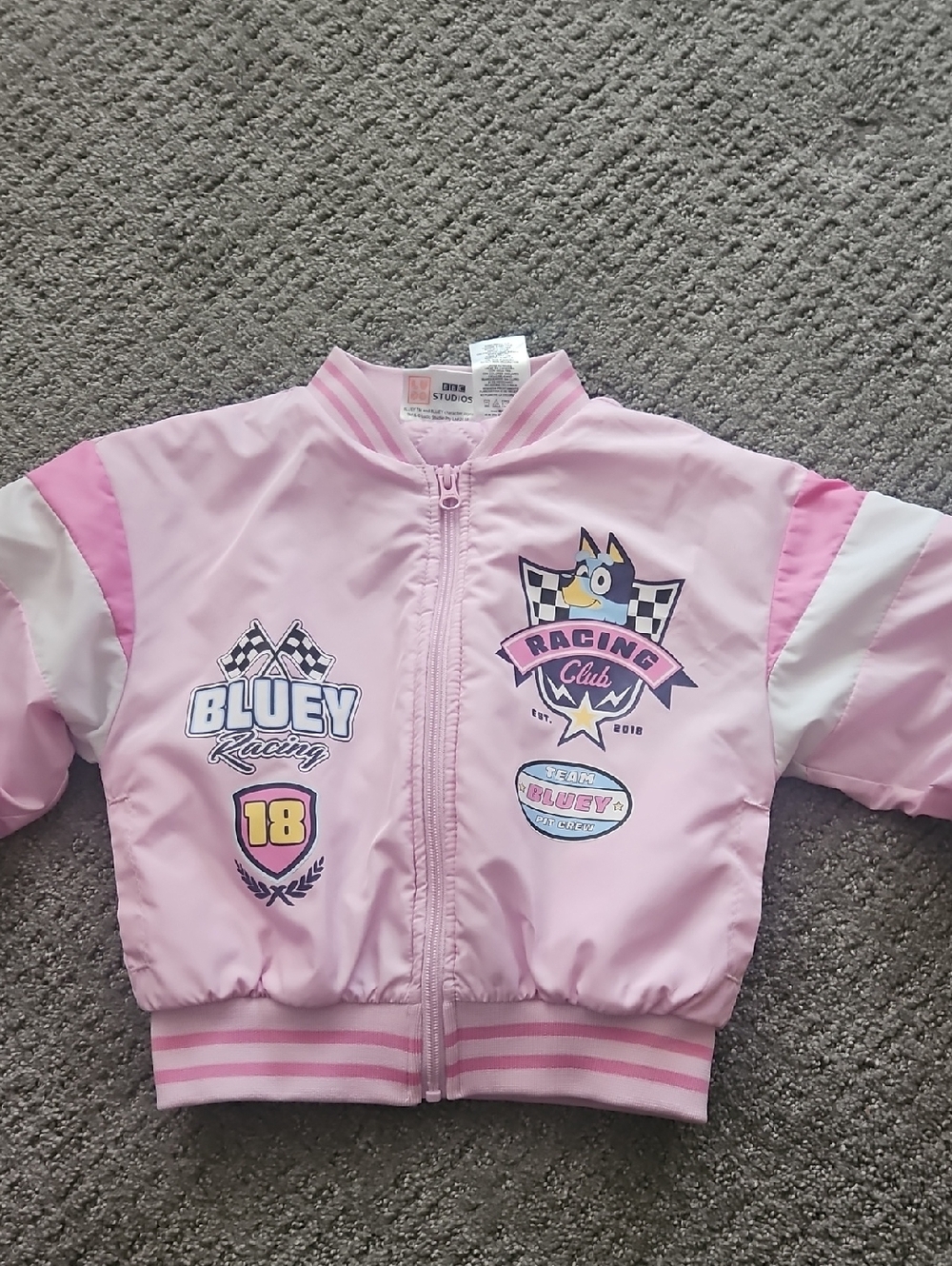 Kids Pink Racing Bomber Jacket - Bluey Racing Design Size 4/5